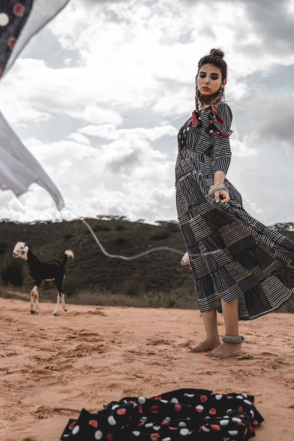 Tiered Sleeve Dress at Kamakhyaa by Keva. This item is Black, Block Prints, Cotton, Midi Dresses, Natural, Printed Selfsame, Relaxed Fit, Resort Wear, Tiered Dresses, Wild Child, Womenswear