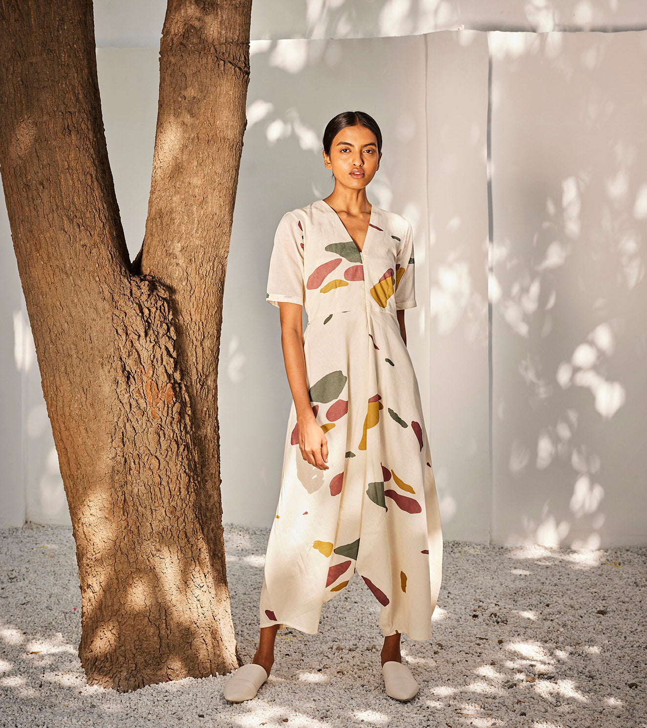 Time Lapse Jumpsuit at Kamakhyaa by Khara Kapas. This item is Best Selling, Casual Wear, Jumpsuits, Mul Cotton, Off-White, Oh! Sussana Spring 2023, Organic, Regular Fit, Solids, Womenswear