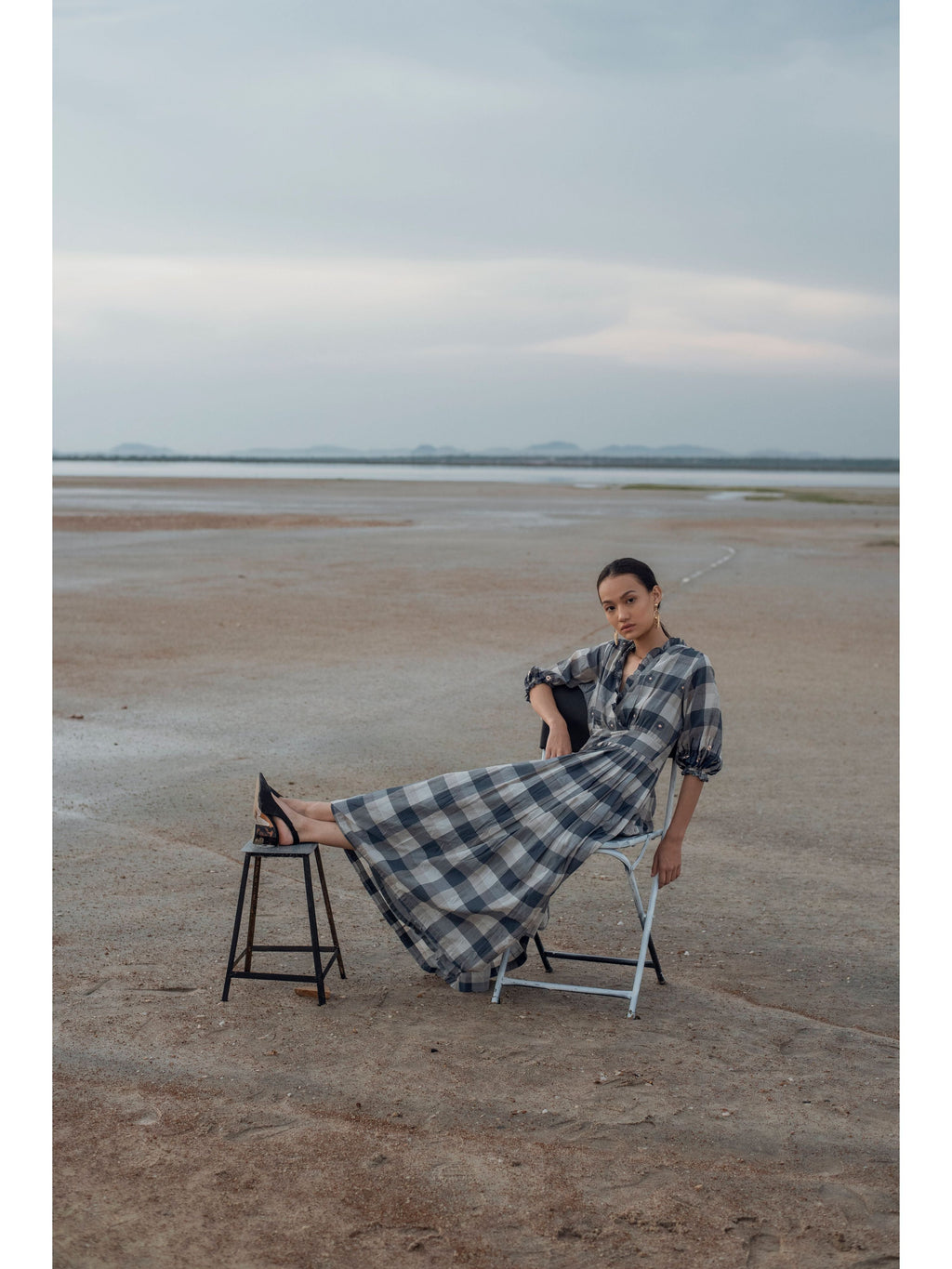 Tinted Shades at Kamakhyaa by The Loom Art. This item is Blue, Checks, July Sale, July Sale 2023, Maxi Dresses, Natural, Party Wear, Regular Fit, Serendipity, Silk Handwoven, White, Womenswear