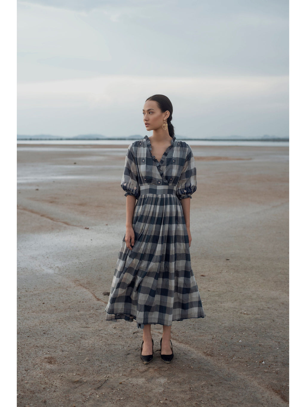 Tinted Shades at Kamakhyaa by The Loom Art. This item is Blue, Checks, July Sale, July Sale 2023, Maxi Dresses, Natural, Party Wear, Regular Fit, Serendipity, Silk Handwoven, White, Womenswear