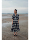 Tinted Shades at Kamakhyaa by The Loom Art. This item is Blue, Checks, July Sale, July Sale 2023, Maxi Dresses, Natural, Party Wear, Regular Fit, Serendipity, Silk Handwoven, White, Womenswear