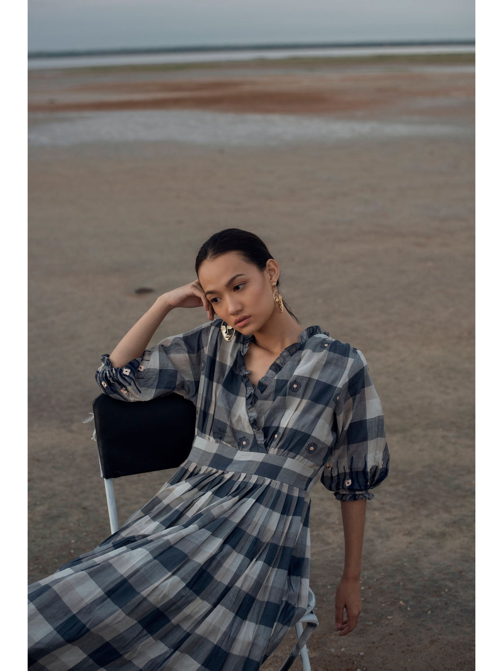 Tinted Shades at Kamakhyaa by The Loom Art. This item is Blue, Checks, July Sale, July Sale 2023, Maxi Dresses, Natural, Party Wear, Regular Fit, Serendipity, Silk Handwoven, White, Womenswear