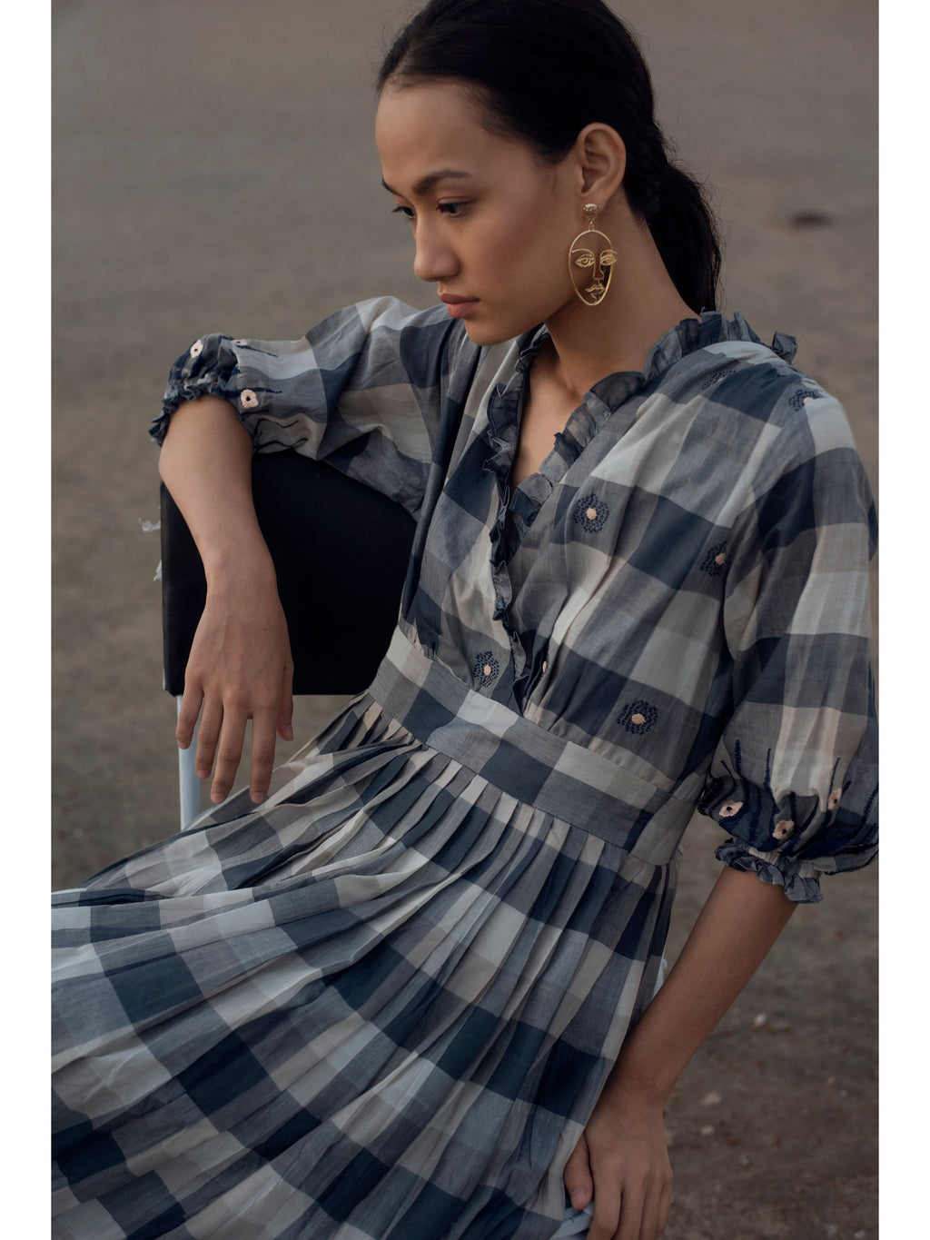 Tinted Shades at Kamakhyaa by The Loom Art. This item is Blue, Checks, July Sale, July Sale 2023, Maxi Dresses, Natural, Party Wear, Regular Fit, Serendipity, Silk Handwoven, White, Womenswear