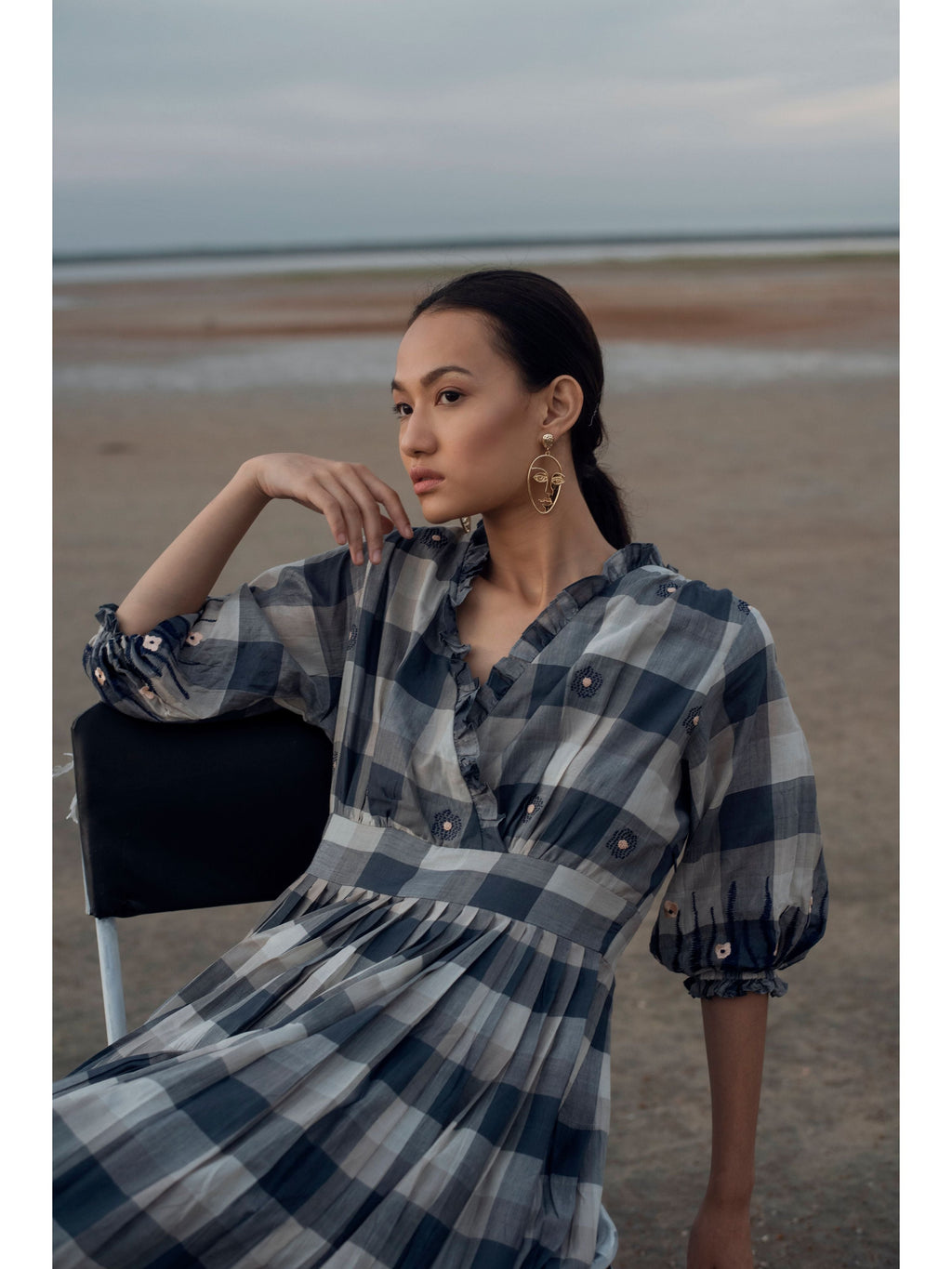 Tinted Shades at Kamakhyaa by The Loom Art. This item is Blue, Checks, July Sale, July Sale 2023, Maxi Dresses, Natural, Party Wear, Regular Fit, Serendipity, Silk Handwoven, White, Womenswear