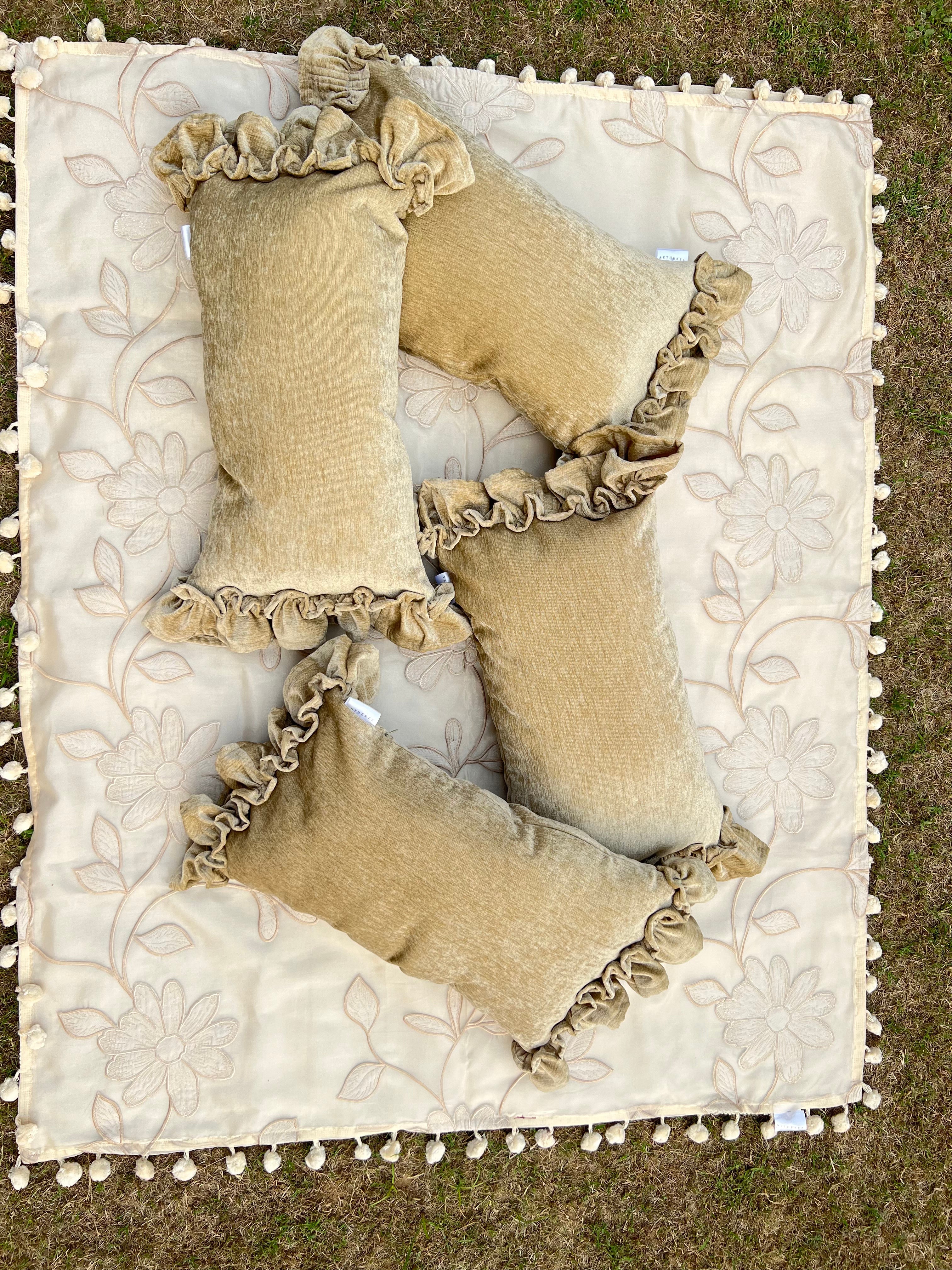 Toffee Cushion Cover Sets at Kamakhyaa by Aetherea. This item is Cushion covers, Deck Cushion, Embroidered, Home, Piping, Stripes, Upcycled