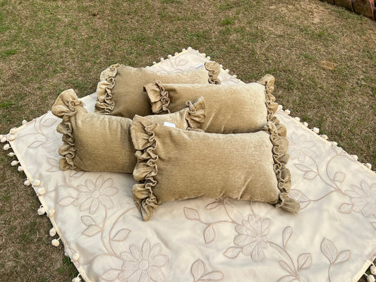 Toffee Cushion Cover Sets at Kamakhyaa by Aetherea. This item is Cushion covers, Deck Cushion, Embroidered, Home, Piping, Stripes, Upcycled