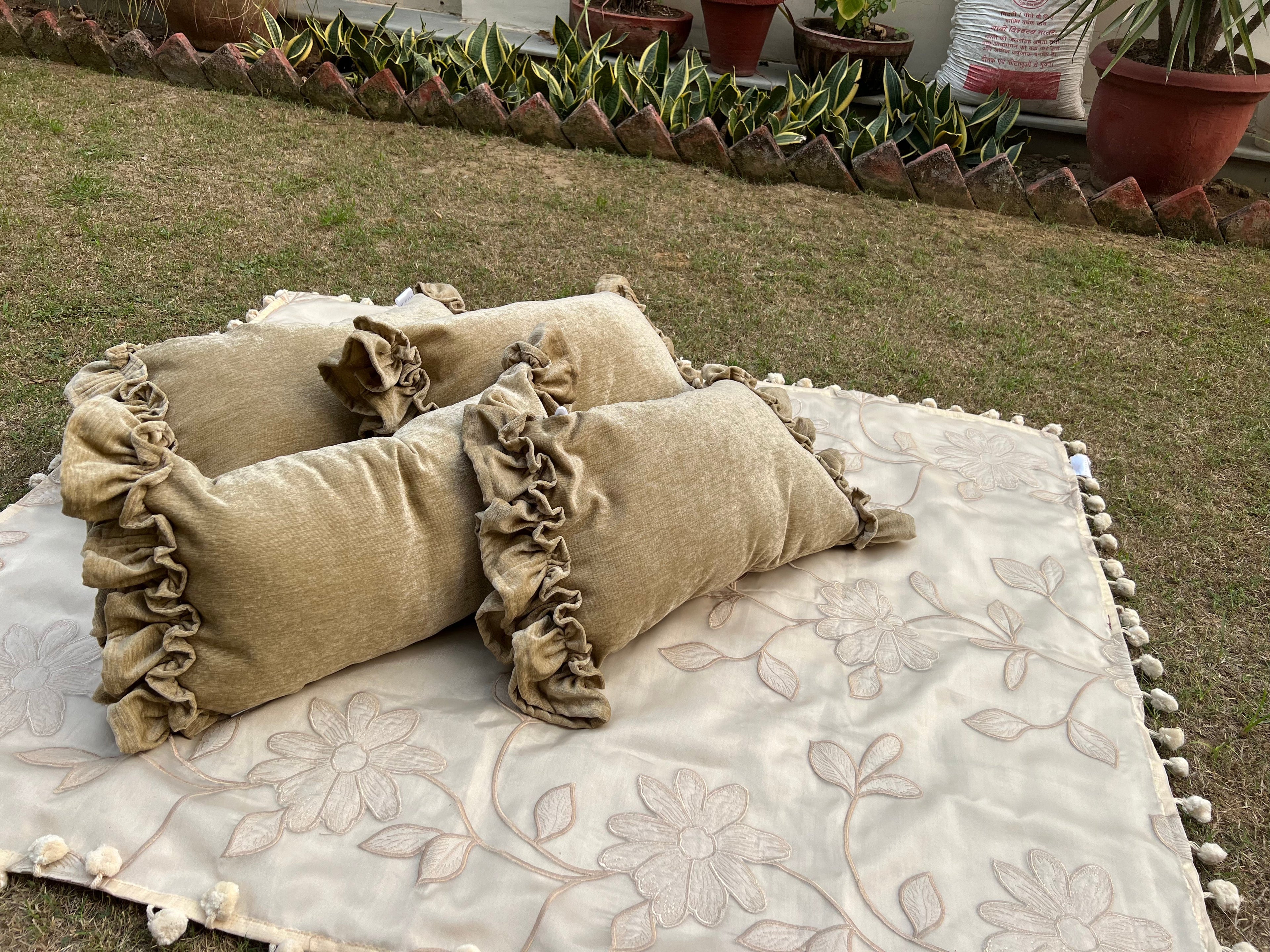 Toffee Cushion Cover Sets at Kamakhyaa by Aetherea. This item is Cushion covers, Deck Cushion, Embroidered, Home, Piping, Stripes, Upcycled