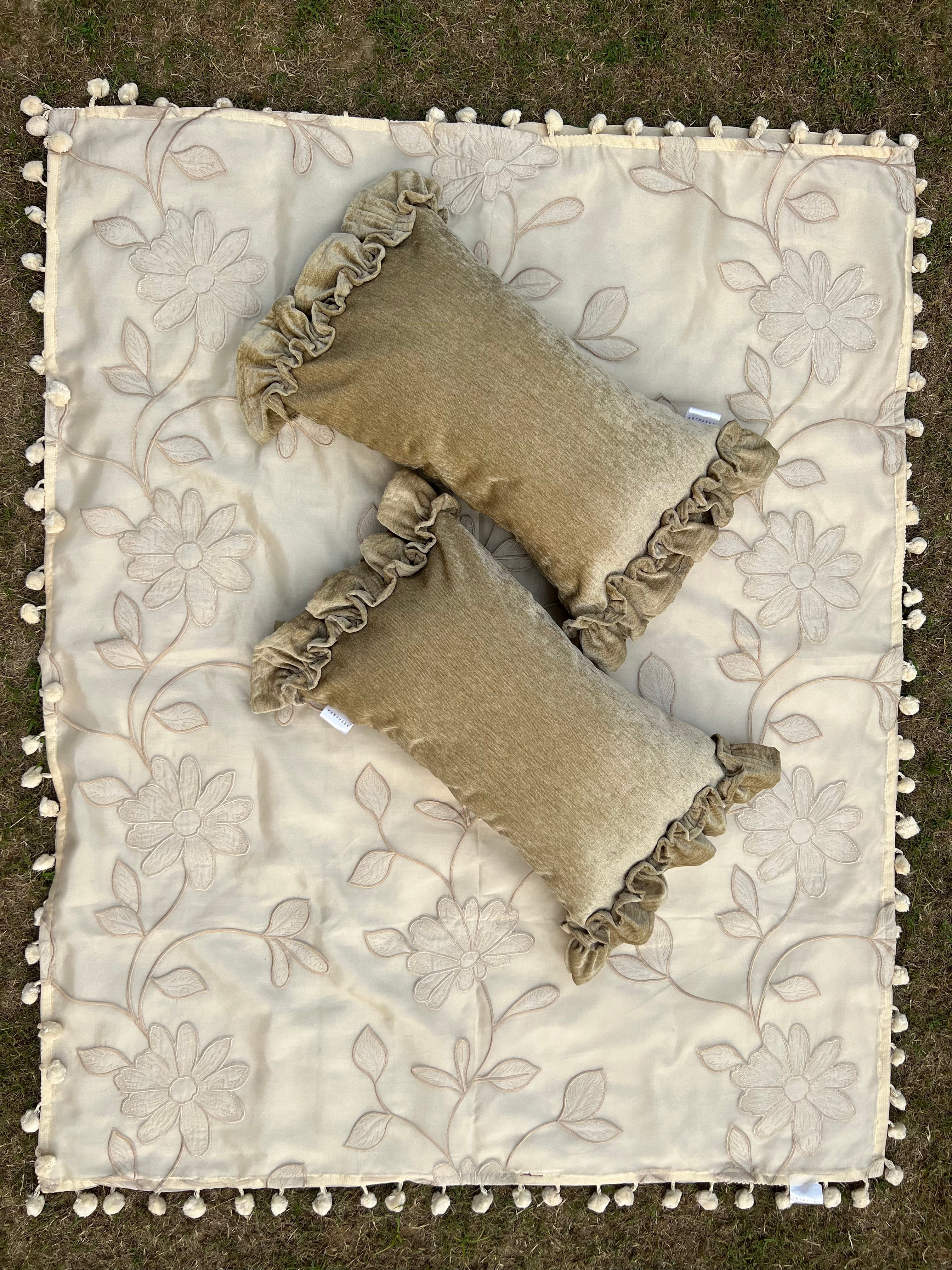 Toffee Cushion Cover Sets at Kamakhyaa by Aetherea. This item is Cushion covers, Deck Cushion, Embroidered, Home, Piping, Stripes, Upcycled