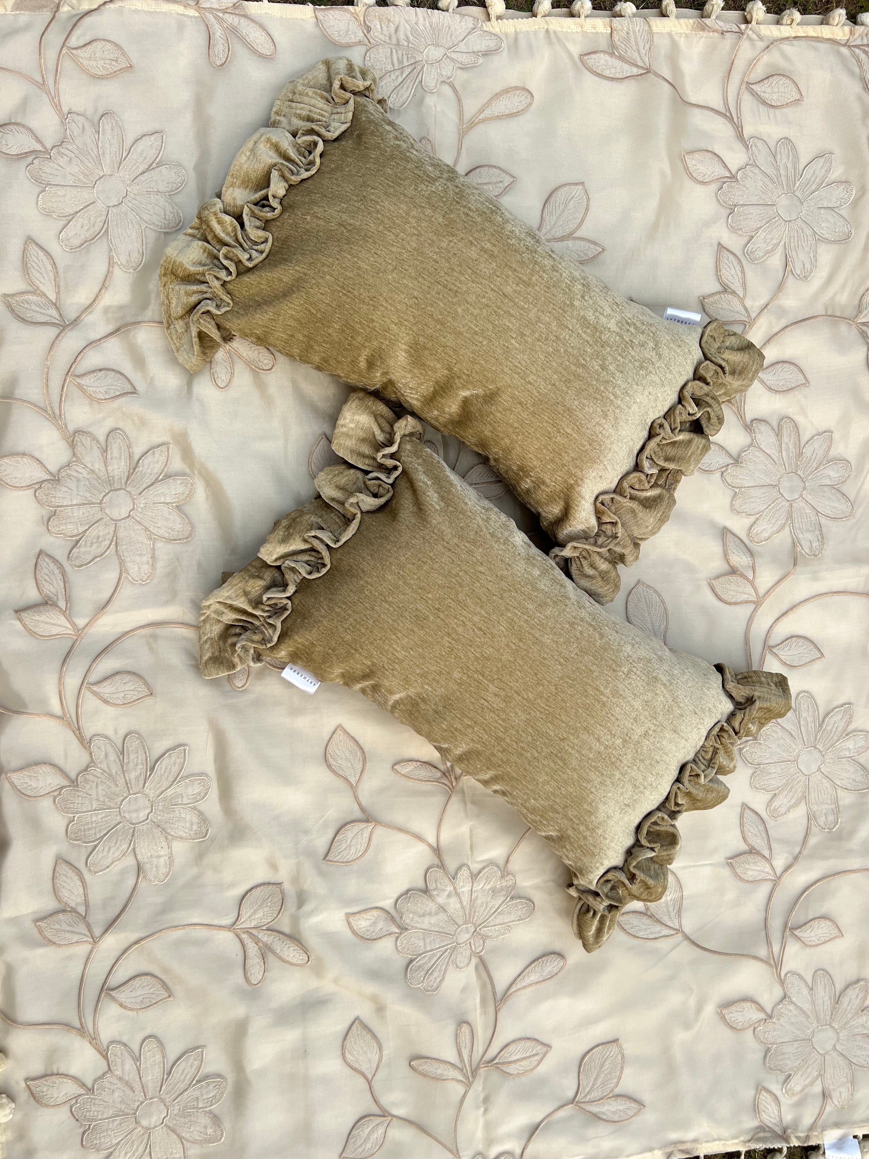 Toffee Cushion Cover Sets at Kamakhyaa by Aetherea. This item is Cushion covers, Deck Cushion, Embroidered, Home, Piping, Stripes, Upcycled