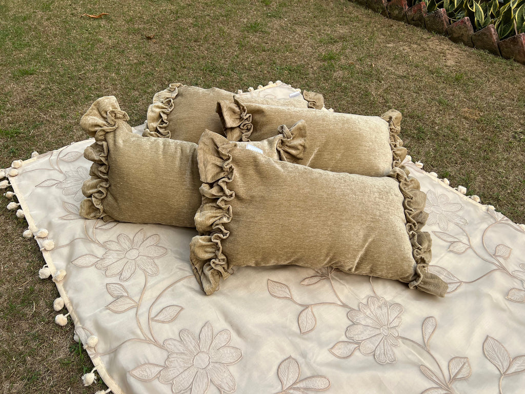 Toffee Cushion Cover Sets at Kamakhyaa by Aetherea. This item is Cushion covers, Deck Cushion, Embroidered, Home, Piping, Stripes, Upcycled