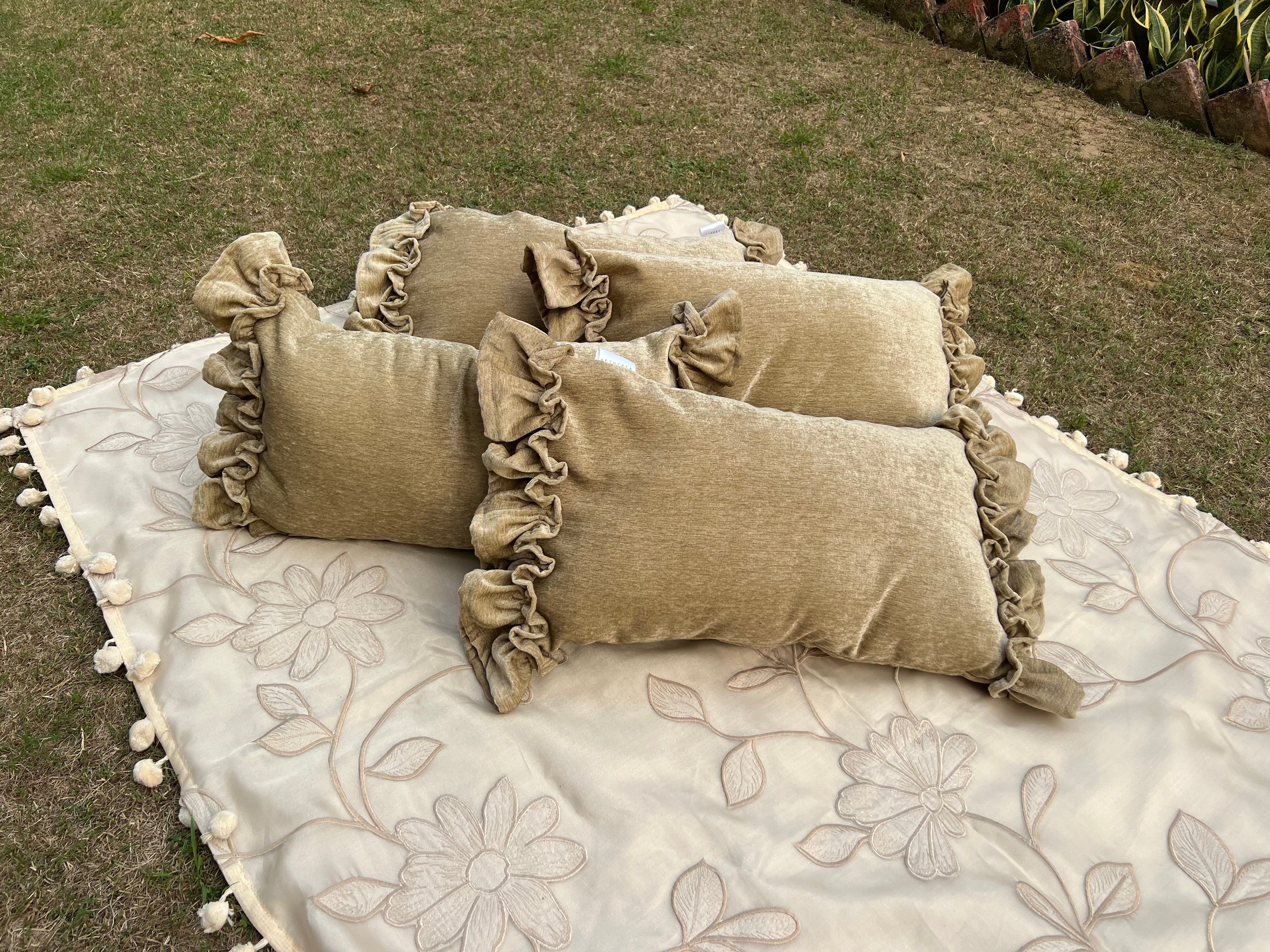 Toffee Cushion Cover Sets at Kamakhyaa by Aetherea. This item is Cushion covers, Deck Cushion, Embroidered, Home, Piping, Stripes, Upcycled