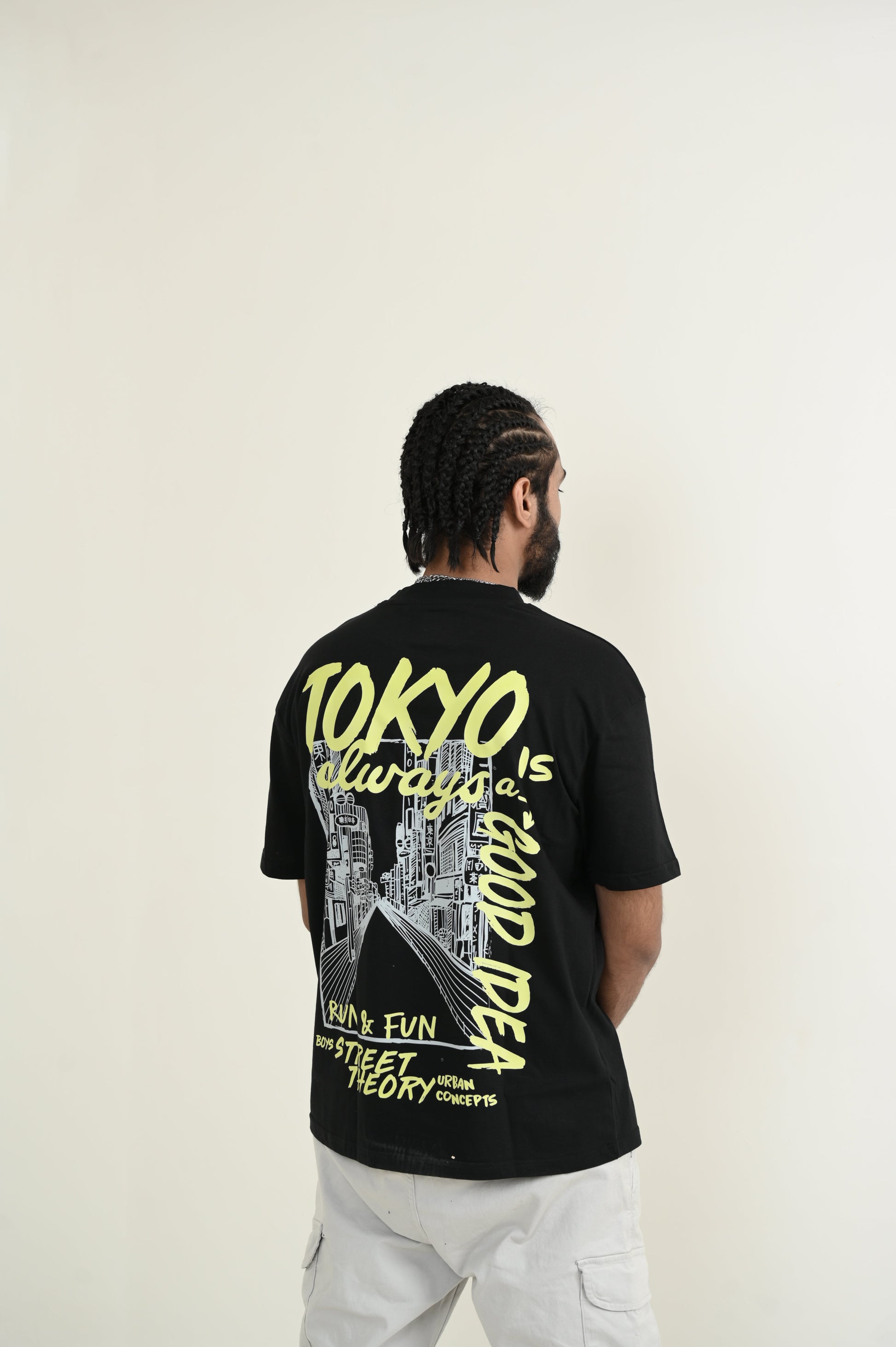 Tokyo Street 100% Cotton Oversized Black T-shirt at Kamakhyaa by Unfussy. This item is 100% cotton, Black, Casual Wear, Organic, Oversized Fit, Printed, T-Shirts, Unfussy, Unisex, Womenswear