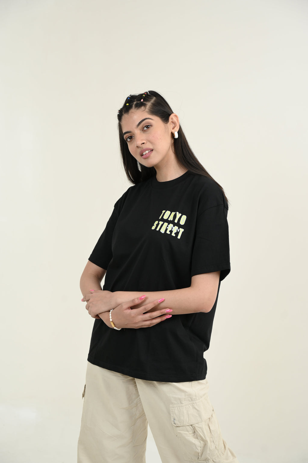 Tokyo Street 100% Cotton Oversized Black T-shirt at Kamakhyaa by Unfussy. This item is 100% cotton, Black, Casual Wear, Organic, Oversized Fit, Printed, T-Shirts, Unfussy, Unisex, Womenswear