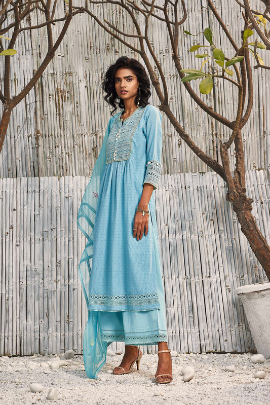 Tropical Blue Cotton Kurta with Palazzo - Set of 3 at Kamakhyaa by Charkhee. This item is Blue, Cotton, Cotton Satin, Dobby Cotton, Festive Wear, Indian Wear, Kurta Palazzo Sets, Natural, Regular Fit, Shores 23, Textured, Womenswear