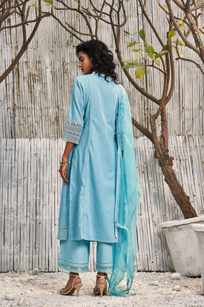 Tropical Blue Cotton Kurta with Palazzo - Set of 3 at Kamakhyaa by Charkhee. This item is Blue, Cotton, Cotton Satin, Dobby Cotton, Festive Wear, Indian Wear, Kurta Palazzo Sets, Natural, Regular Fit, Shores 23, Textured, Womenswear