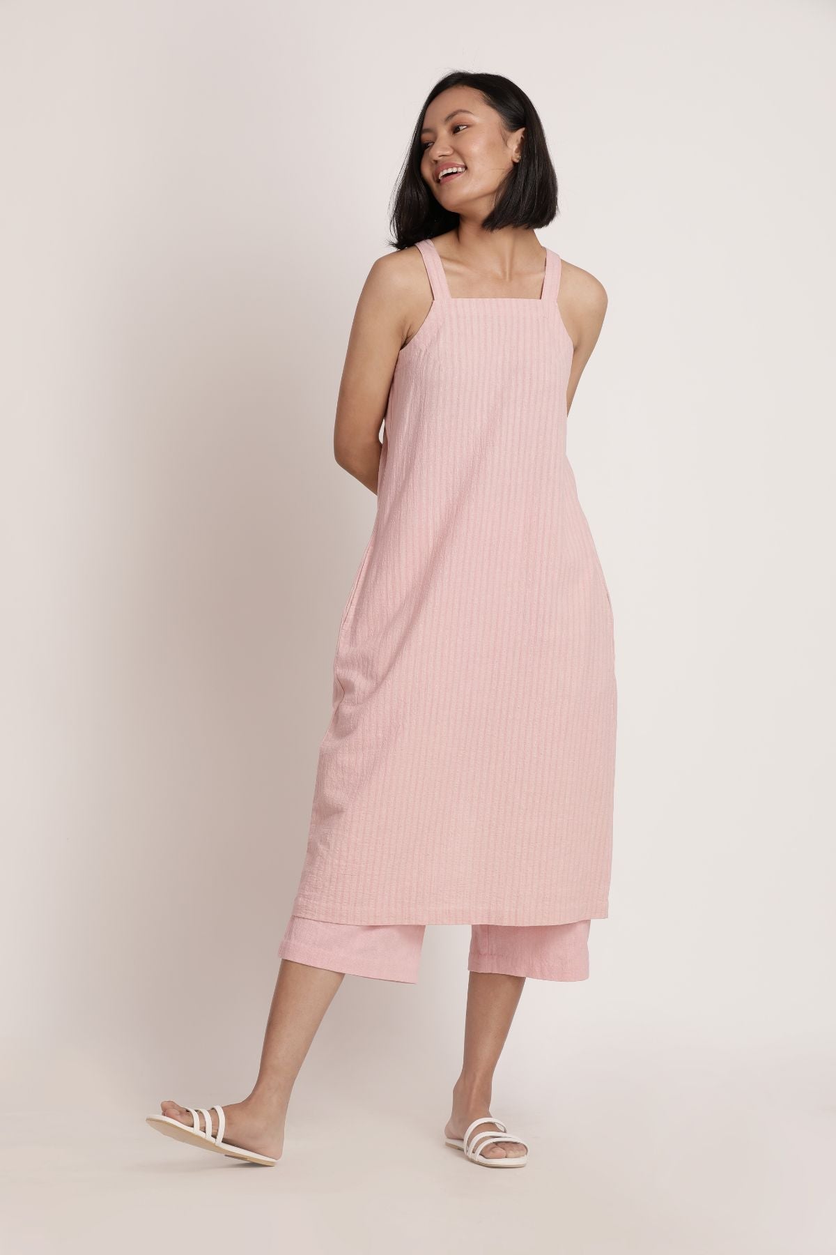 Tulip Top and Blush Pants at Kamakhyaa by Itya. This item is Casual Wear, Co-ord Sets, Hand Spun Cotton, Handwoven cotton, Natural, Office, Office Wear Co-ords, Pastel Perfect, Pastel Perfect by Itya, Pink, Plant Dye, Relaxed Fit, SS22, Textured, Womenswear