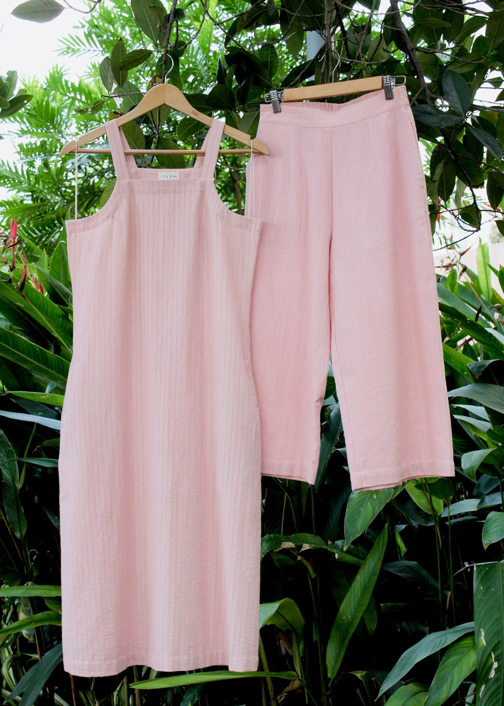 Tulip Top and Blush Pants at Kamakhyaa by Itya. This item is Casual Wear, Co-ord Sets, Hand Spun Cotton, Handwoven cotton, Natural, Office, Office Wear Co-ords, Pastel Perfect, Pastel Perfect by Itya, Pink, Plant Dye, Relaxed Fit, SS22, Textured, Womenswear