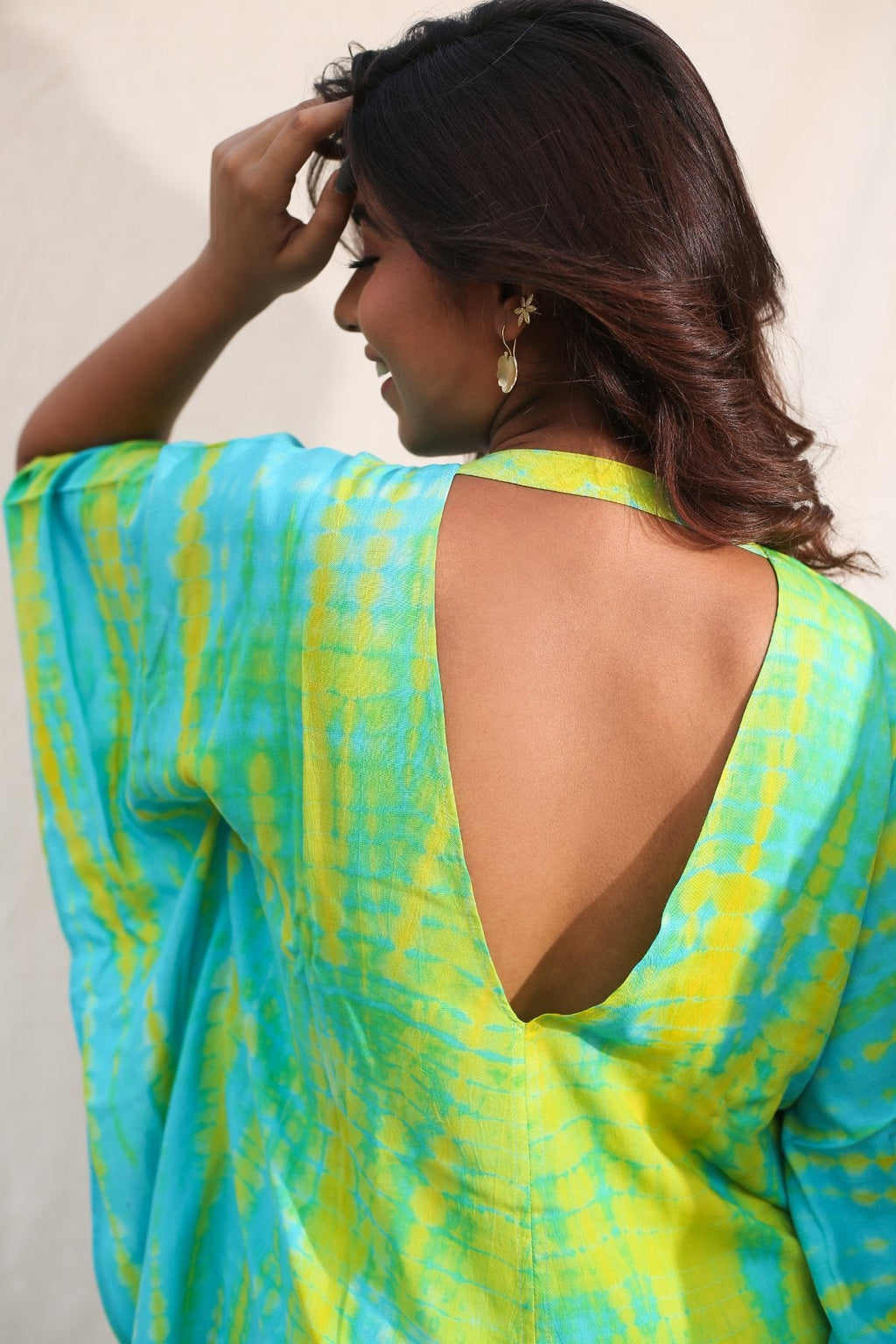 Turquoise And Lime Green Kaftan at Kamakhyaa by Keva. This item is Blue, Day Dream, Green, Kaftan Dresses, Kaftans, Mini Dresses, Natural, Rayon, Relaxed Fit, Resort Wear, Tie & Dye, Tops, Womenswear