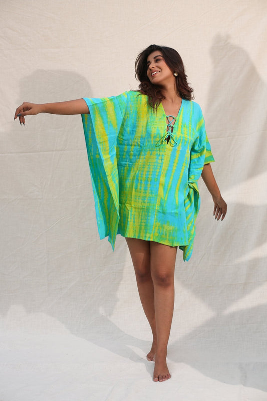 Turquoise And Lime Green Kaftan at Kamakhyaa by Keva. This item is Blue, Day Dream, Green, Kaftan Dresses, Kaftans, Mini Dresses, Natural, Rayon, Relaxed Fit, Resort Wear, Tie & Dye, Tops, Womenswear