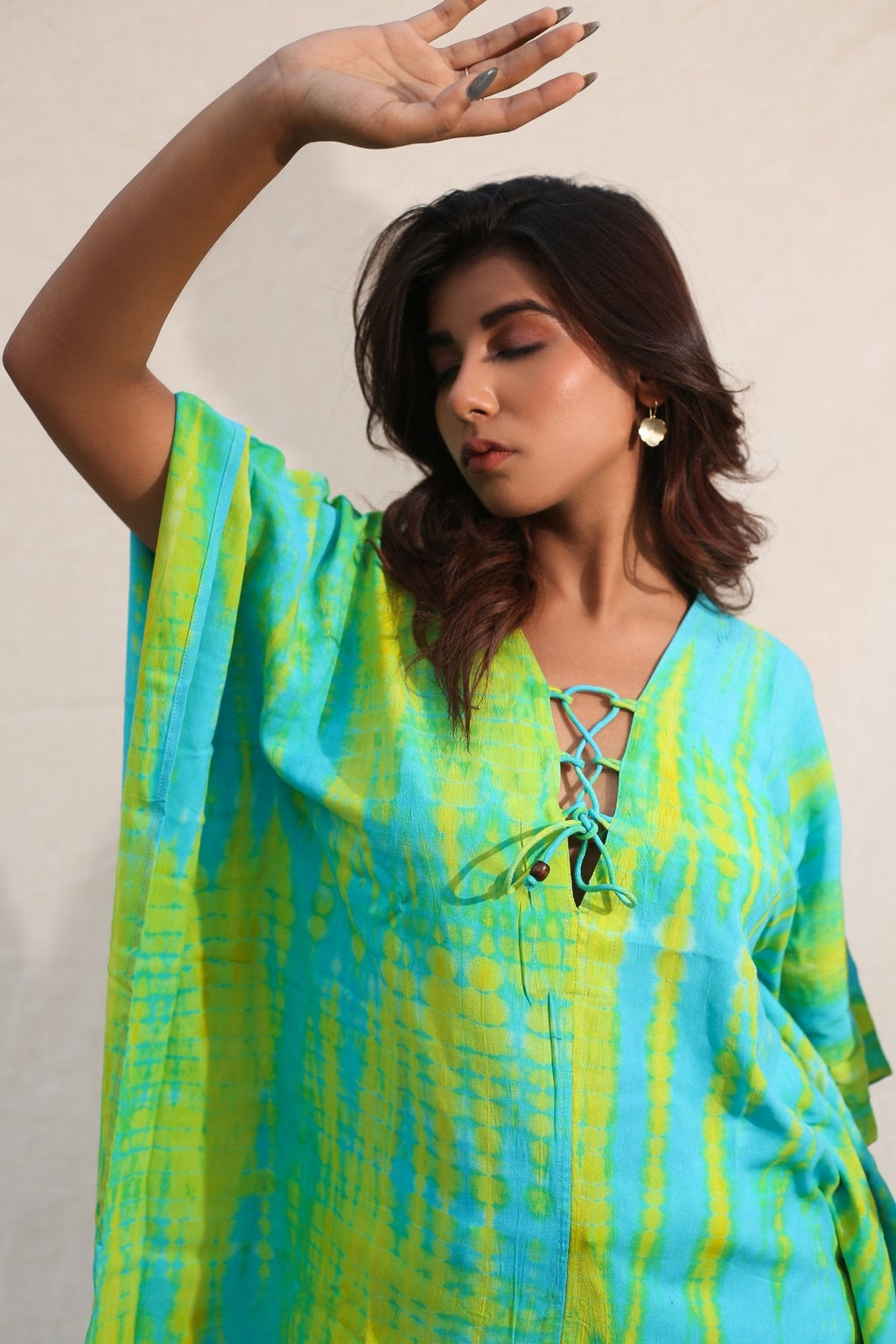 Turquoise And Lime Green Kaftan at Kamakhyaa by Keva. This item is Blue, Day Dream, Green, Kaftan Dresses, Kaftans, Mini Dresses, Natural, Rayon, Relaxed Fit, Resort Wear, Tie & Dye, Tops, Womenswear