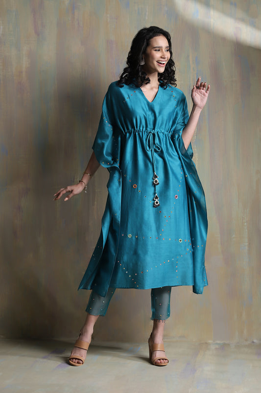 Turquoise Chanderi Kaftan With pant- Set of 2 at Kamakhyaa by Charkhee. This item is Blue, Chanderi, Co-ord Sets, Cotton, Festive Wear, Mirror Work, Natural, party, Party Wear Co-ords, Regular Fit, Womenswear