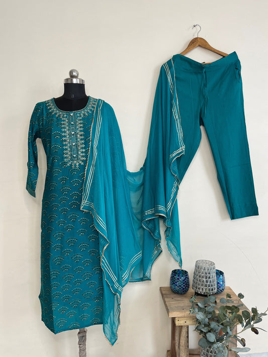 Turquoise Kurta Set With Dupatta at Kamakhyaa by Kamakhyaa. This item is Ethnic Wear, Indian Wear, Kurta Pant Sets, Kurta Set with Dupattas, Natural, Regular Fit, Turquoise, Womenswear
