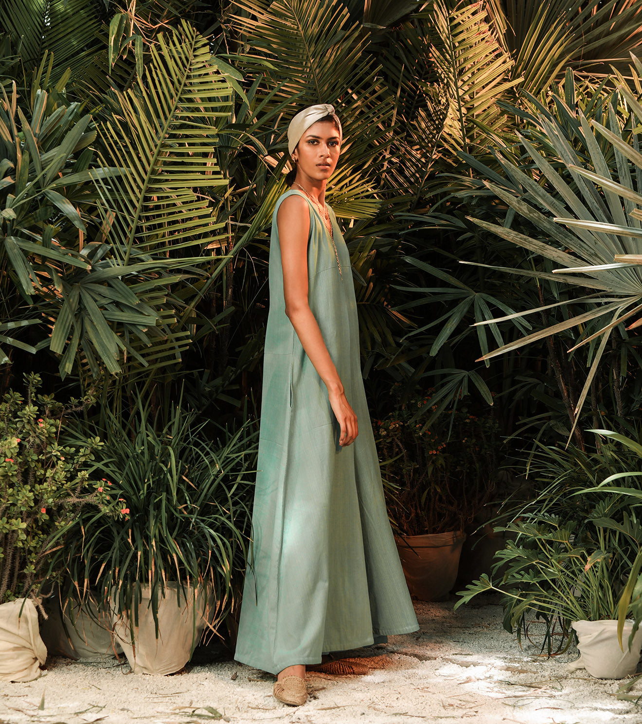 Turquoise Maxi Dress at Kamakhyaa by Khara Kapas. This item is Blue, Cotton, FB ADS JUNE, Lost In paradise, Maxi Dresses, Natural, Regular Fit, Resort Wear, Sleeveless Dresses, Solids, Womenswear