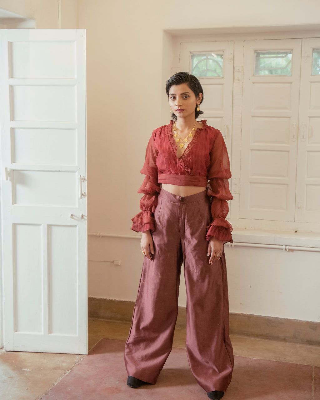 Twilight Crop Top at Kamakhyaa by The Loom Art. This item is Casual Wear, Crop Tops, Handwoven Chanderi Silk, July Sale, July Sale 2023, Lucid Dreams, Luicid Dream, Organic, Pink, Regular Fit, Solids, Womenswear