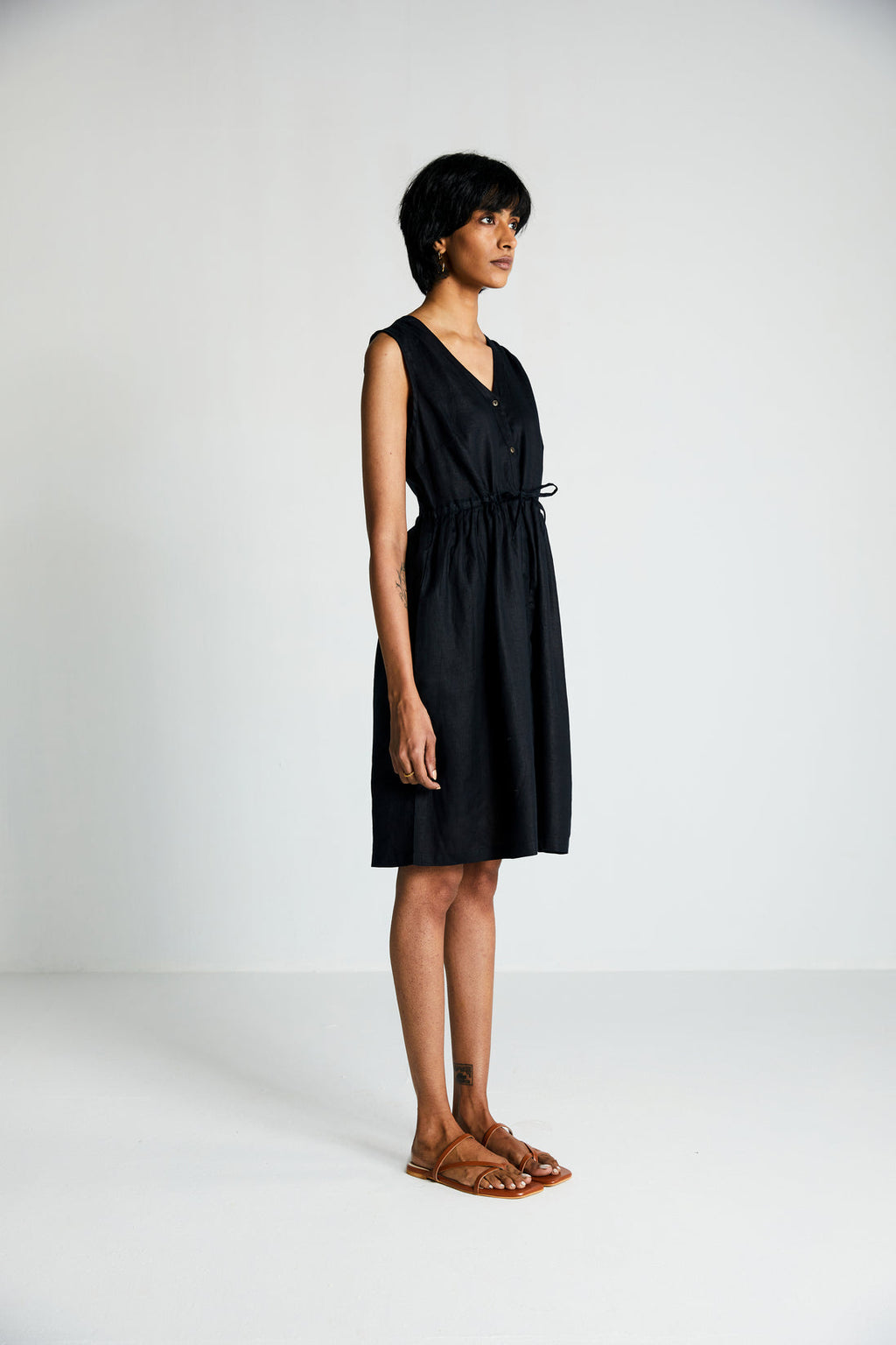 Twilight Drawstring Dress at Kamakhyaa by Reistor. This item is Black, Casual Wear, Dresses, Hemp, Midi Dresses, Natural, Noir, Regular Fit, Sleeveless Dresses, Solid Selfmade, Solids, Womenswear