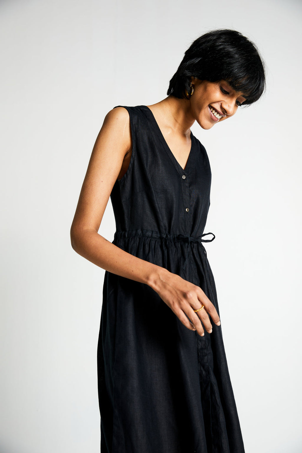 Twilight Drawstring Dress at Kamakhyaa by Reistor. This item is Black, Casual Wear, Dresses, Hemp, Midi Dresses, Natural, Noir, Regular Fit, Sleeveless Dresses, Solid Selfmade, Solids, Womenswear