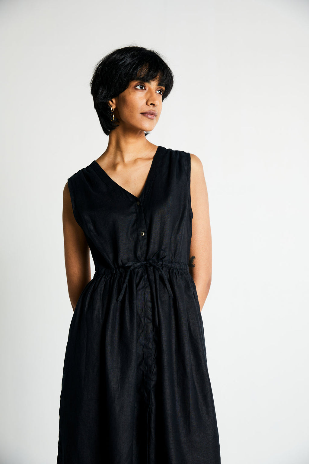 Twilight Drawstring Dress at Kamakhyaa by Reistor. This item is Black, Casual Wear, Dresses, Hemp, Midi Dresses, Natural, Noir, Regular Fit, Sleeveless Dresses, Solid Selfmade, Solids, Womenswear