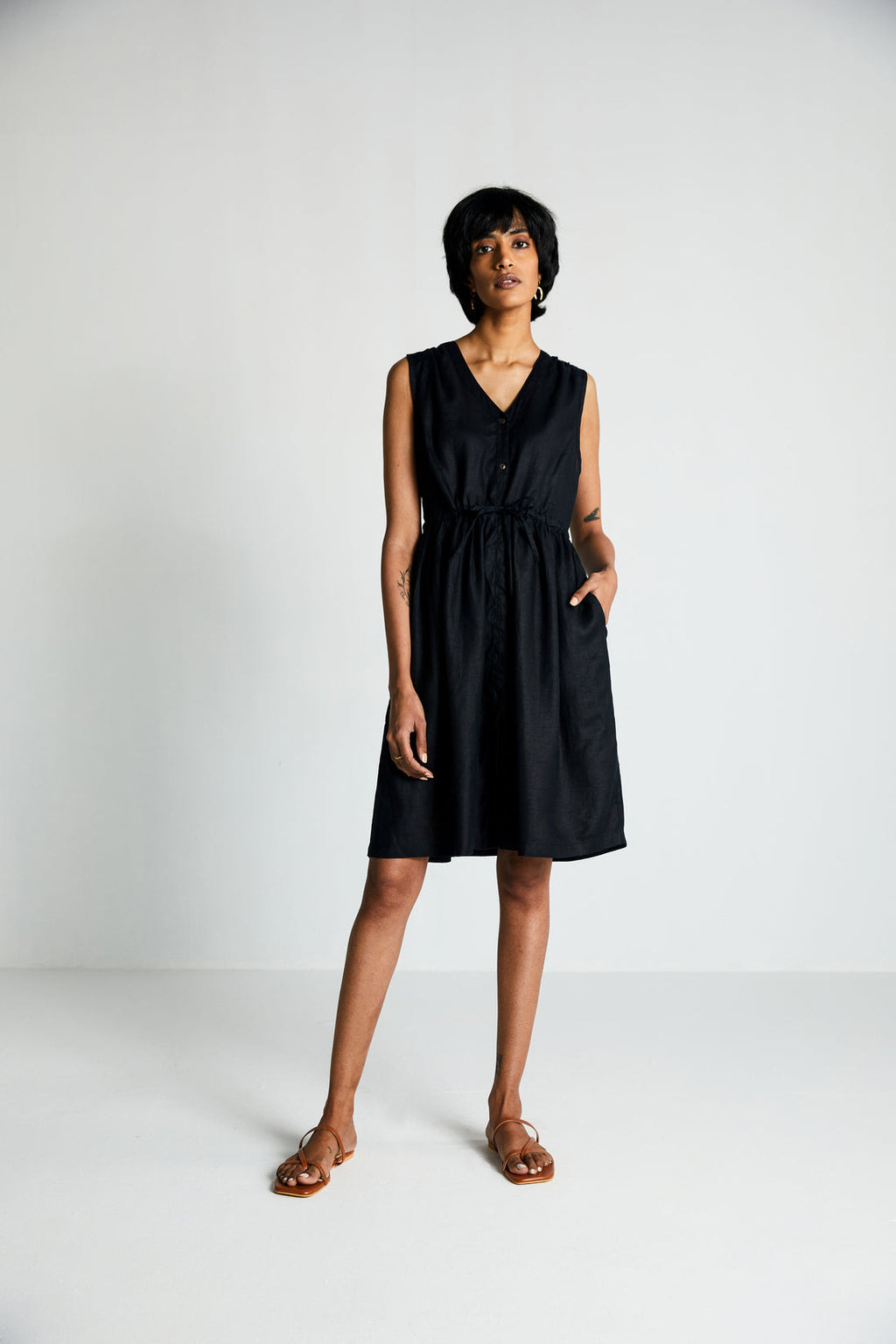 Twilight Drawstring Dress at Kamakhyaa by Reistor. This item is Black, Casual Wear, Dresses, Hemp, Midi Dresses, Natural, Noir, Regular Fit, Sleeveless Dresses, Solid Selfmade, Solids, Womenswear