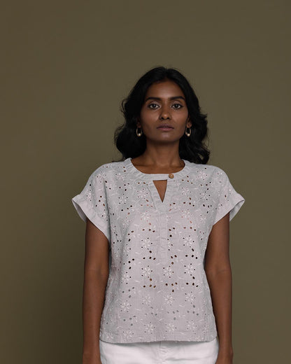 Under The Midnight Tree Top - Cloud Grey at Kamakhyaa by Reistor. This item is Casual Wear, Embroidered, Grey, Hemp, Natural, Tops, Womenswear