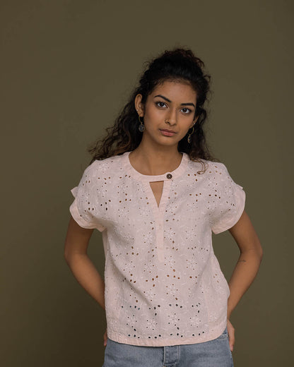 Under The Midnight Tree Top - Ice Pink at Kamakhyaa by Reistor. This item is Casual Wear, Embroidered, Hemp, Natural, Pink, T-Shirts, Tops, Womenswear