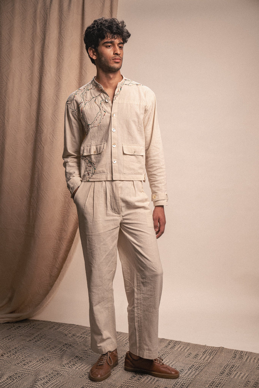 Unisex Bomber Jacket & Pants Set at Kamakhyaa by Lafaani. This item is 100% pure cotton, Casual Wear, Co-ord Sets, Kora, Loungewear Co-Ords, Menswear, Natural with azo free dyes, Organic, Regular Fit, Rewind, Solids, Sonder, Unisex