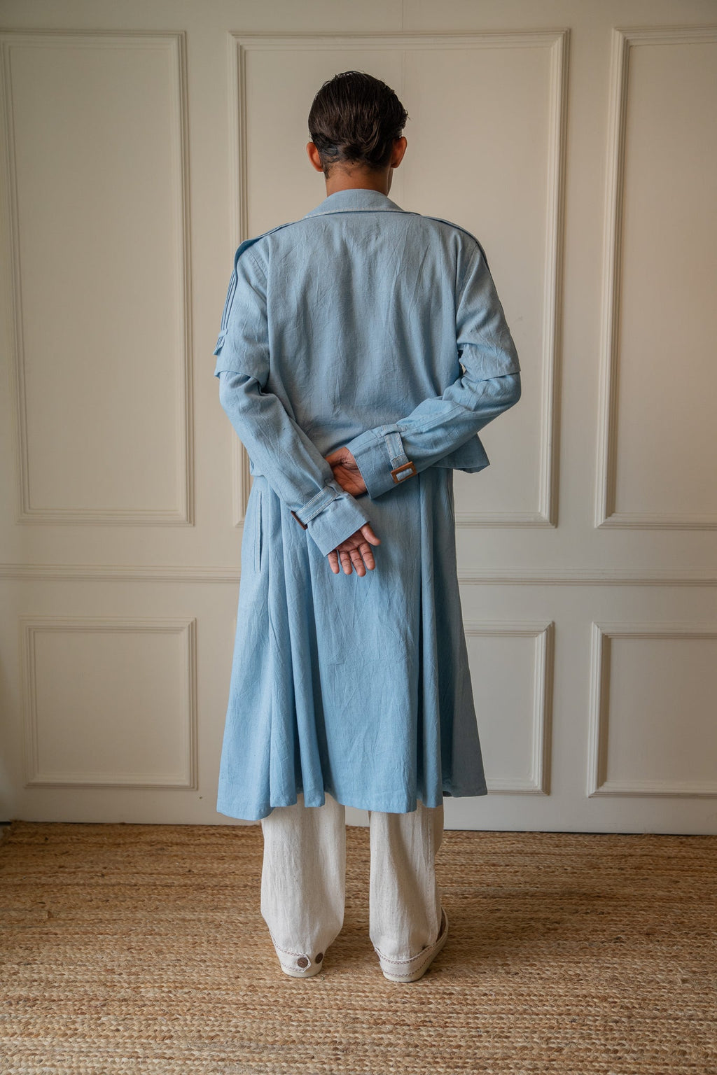 Unisex Deconstructed Trench at Kamakhyaa by Lafaani. This item is 100% pure cotton, Casual Wear, Jackets, Light Blue, Materiality, Menswear, Natural with azo free dyes, Organic, Regular Fit, Solids, Unisex