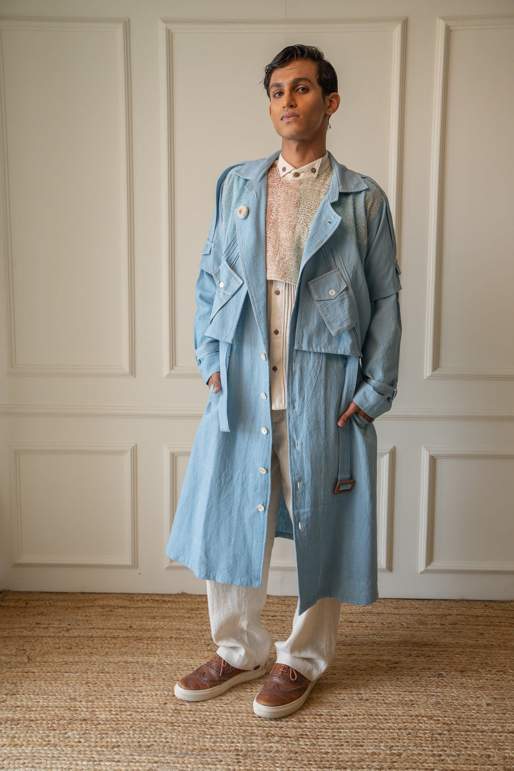 Unisex Deconstructed Trench at Kamakhyaa by Lafaani. This item is 100% pure cotton, Casual Wear, Jackets, Light Blue, Materiality, Menswear, Natural with azo free dyes, Organic, Regular Fit, Solids, Unisex
