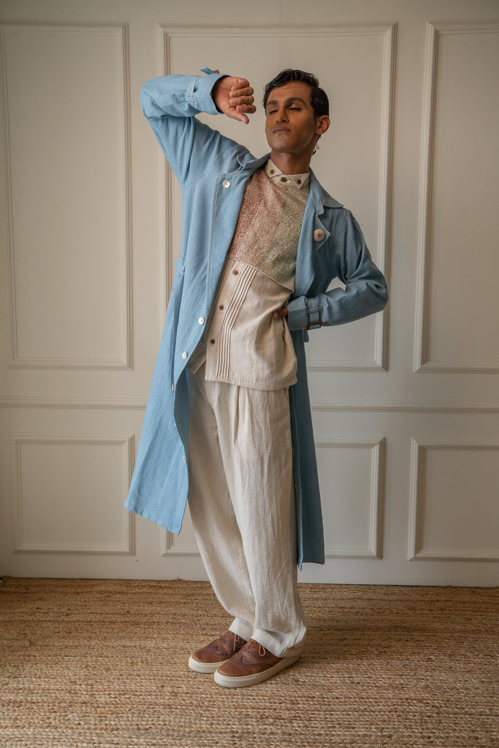 Unisex Deconstructed Trench at Kamakhyaa by Lafaani. This item is 100% pure cotton, Casual Wear, Jackets, Light Blue, Materiality, Menswear, Natural with azo free dyes, Organic, Regular Fit, Solids, Unisex