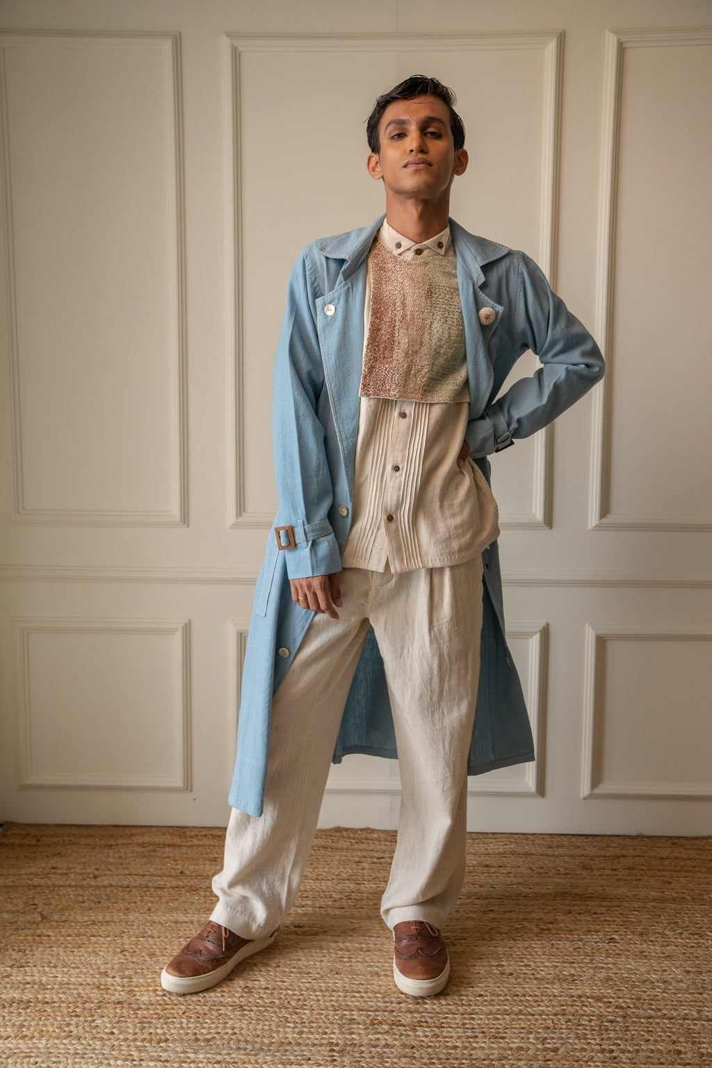 Unisex Deconstructed Trench at Kamakhyaa by Lafaani. This item is 100% pure cotton, Casual Wear, Jackets, Light Blue, Materiality, Menswear, Natural with azo free dyes, Organic, Regular Fit, Solids, Unisex