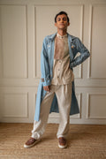 Unisex Deconstructed Trench at Kamakhyaa by Lafaani. This item is 100% pure cotton, Casual Wear, Jackets, Light Blue, Materiality, Menswear, Natural with azo free dyes, Organic, Regular Fit, Solids, Unisex