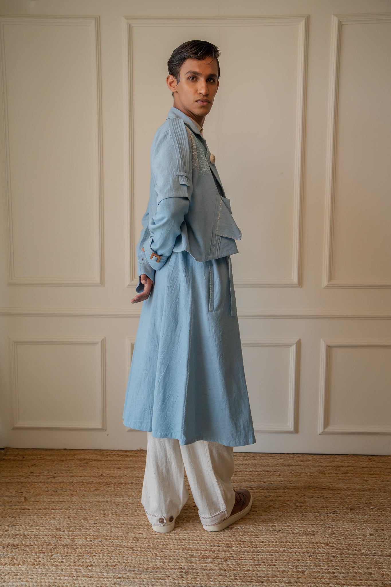 Unisex Deconstructed Trench at Kamakhyaa by Lafaani. This item is 100% pure cotton, Casual Wear, Jackets, Light Blue, Materiality, Menswear, Natural with azo free dyes, Organic, Regular Fit, Solids, Unisex