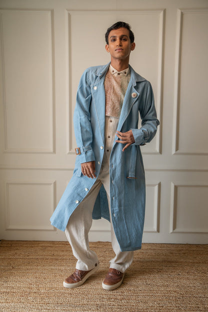 Unisex Deconstructed Trench at Kamakhyaa by Lafaani. This item is 100% pure cotton, Casual Wear, Jackets, Light Blue, Materiality, Menswear, Natural with azo free dyes, Organic, Regular Fit, Solids, Unisex
