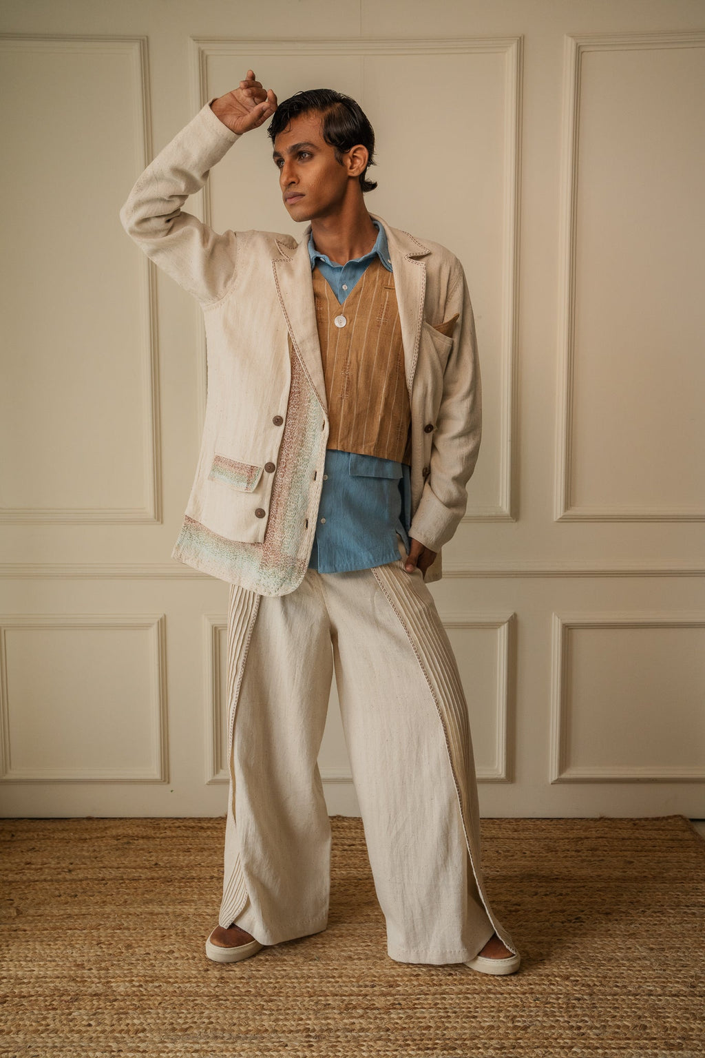 Unisex Double-Breasted Jacket at Kamakhyaa by Lafaani. This item is 100% pure cotton, Casual Wear, Jackets, Kora, Materiality, Menswear, Natural with azo free dyes, Organic, Regular Fit, Solids, Tops, Unbleached and Undyed, Unisex