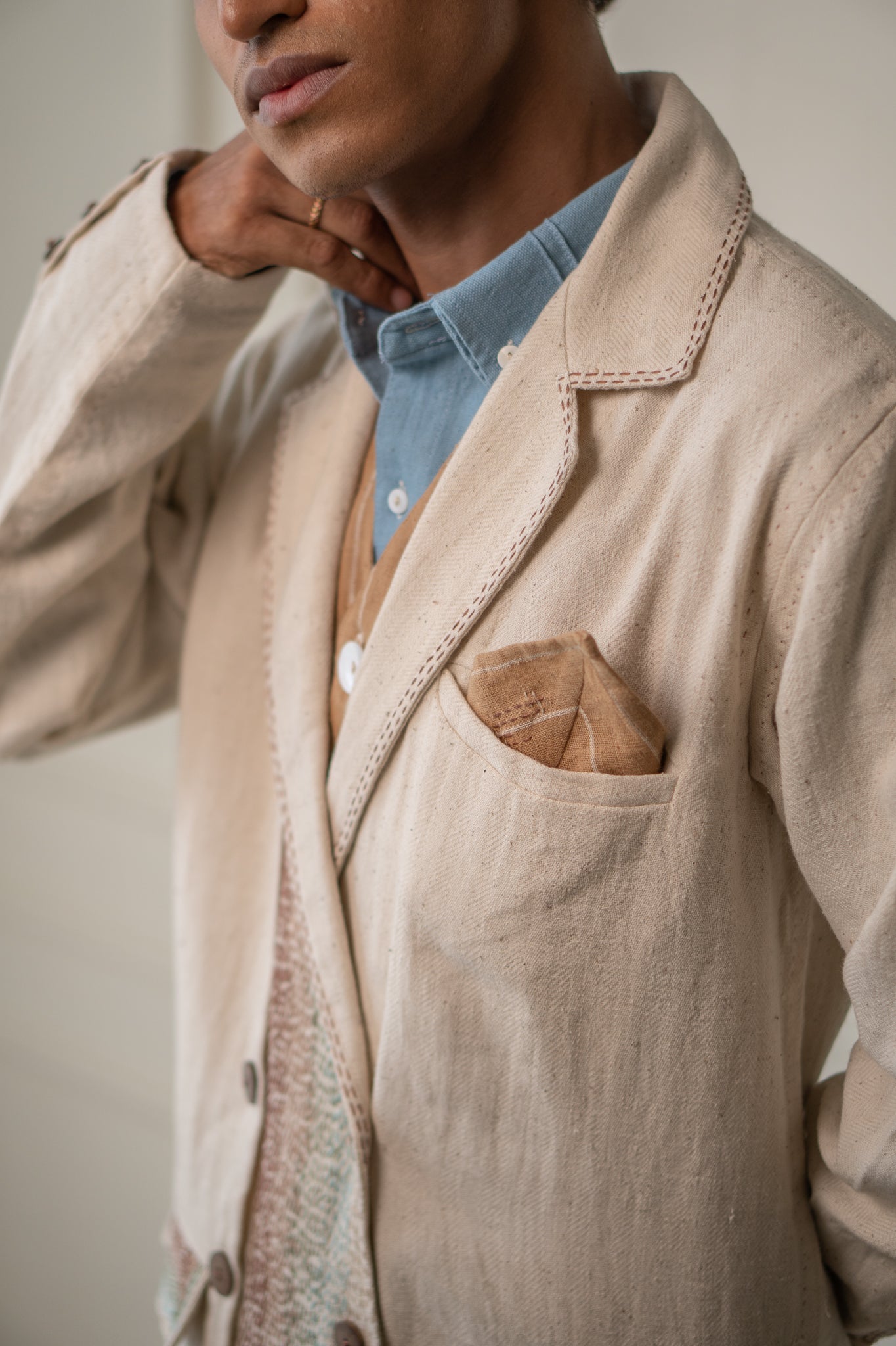 Unisex Double-Breasted Jacket at Kamakhyaa by Lafaani. This item is 100% pure cotton, Casual Wear, Jackets, Kora, Materiality, Menswear, Natural with azo free dyes, Organic, Regular Fit, Solids, Tops, Unbleached and Undyed, Unisex