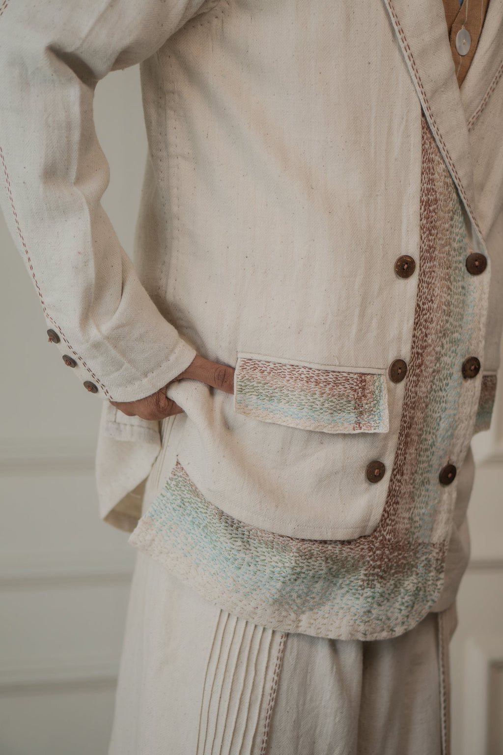 Unisex Double-Breasted Jacket at Kamakhyaa by Lafaani. This item is 100% pure cotton, Casual Wear, Jackets, Kora, Materiality, Menswear, Natural with azo free dyes, Organic, Regular Fit, Solids, Tops, Unbleached and Undyed, Unisex