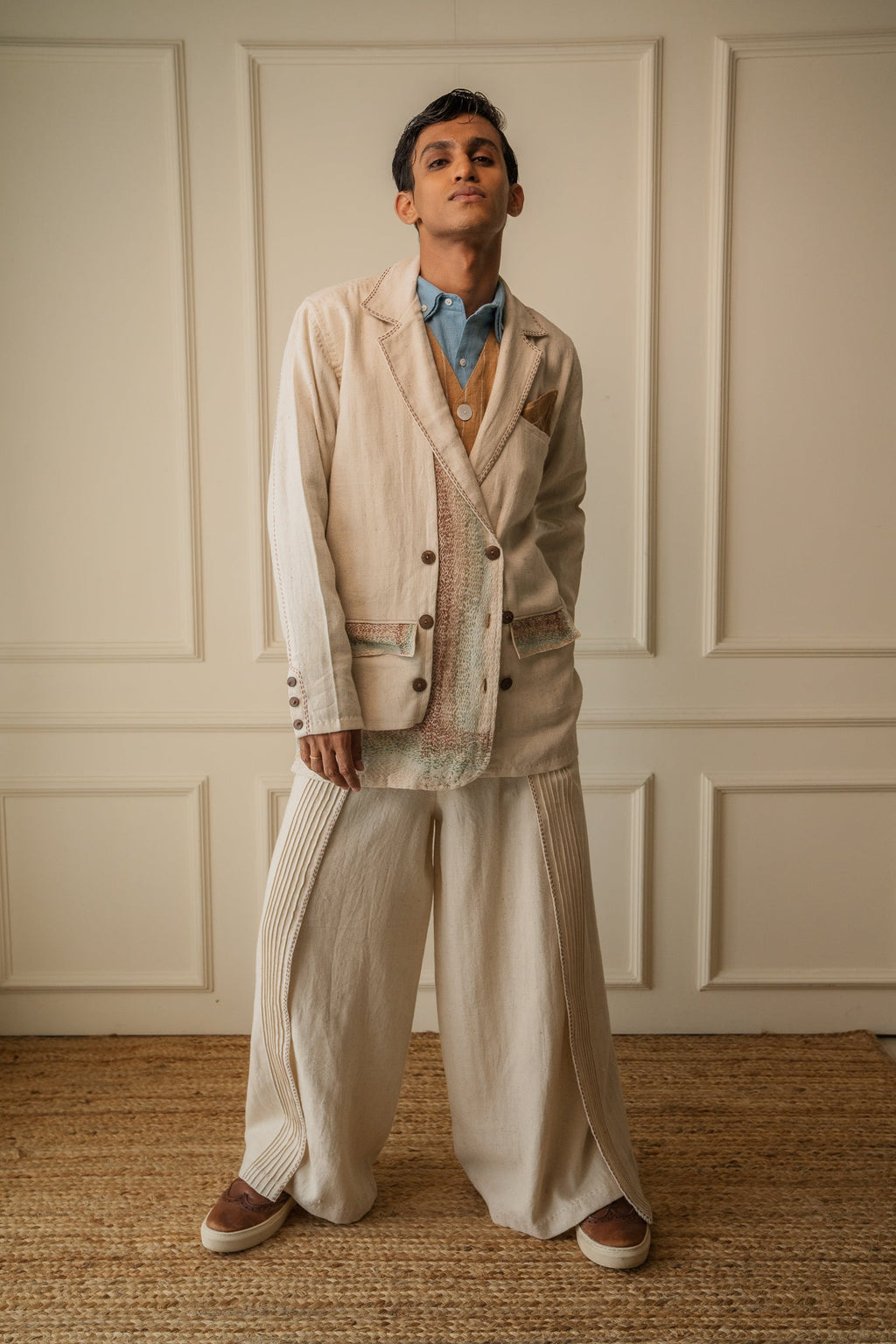 Unisex Double-Breasted Jacket at Kamakhyaa by Lafaani. This item is 100% pure cotton, Casual Wear, Jackets, Kora, Materiality, Menswear, Natural with azo free dyes, Organic, Regular Fit, Solids, Tops, Unbleached and Undyed, Unisex