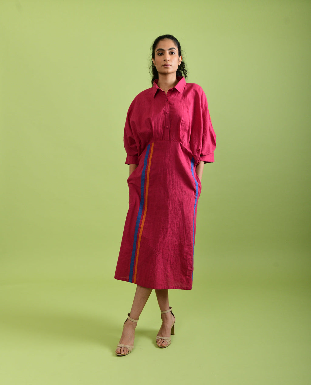 Viva Magenta Midi Dress at Kamakhyaa by Rias Jaipur. This item is Best Selling, Casual Wear, Handloom Cotton, Handspun, Handwoven, Hue, Midi Dresses, Pink, Regular Fit, Shirt Dresses, Solids, Stripes, Womenswear