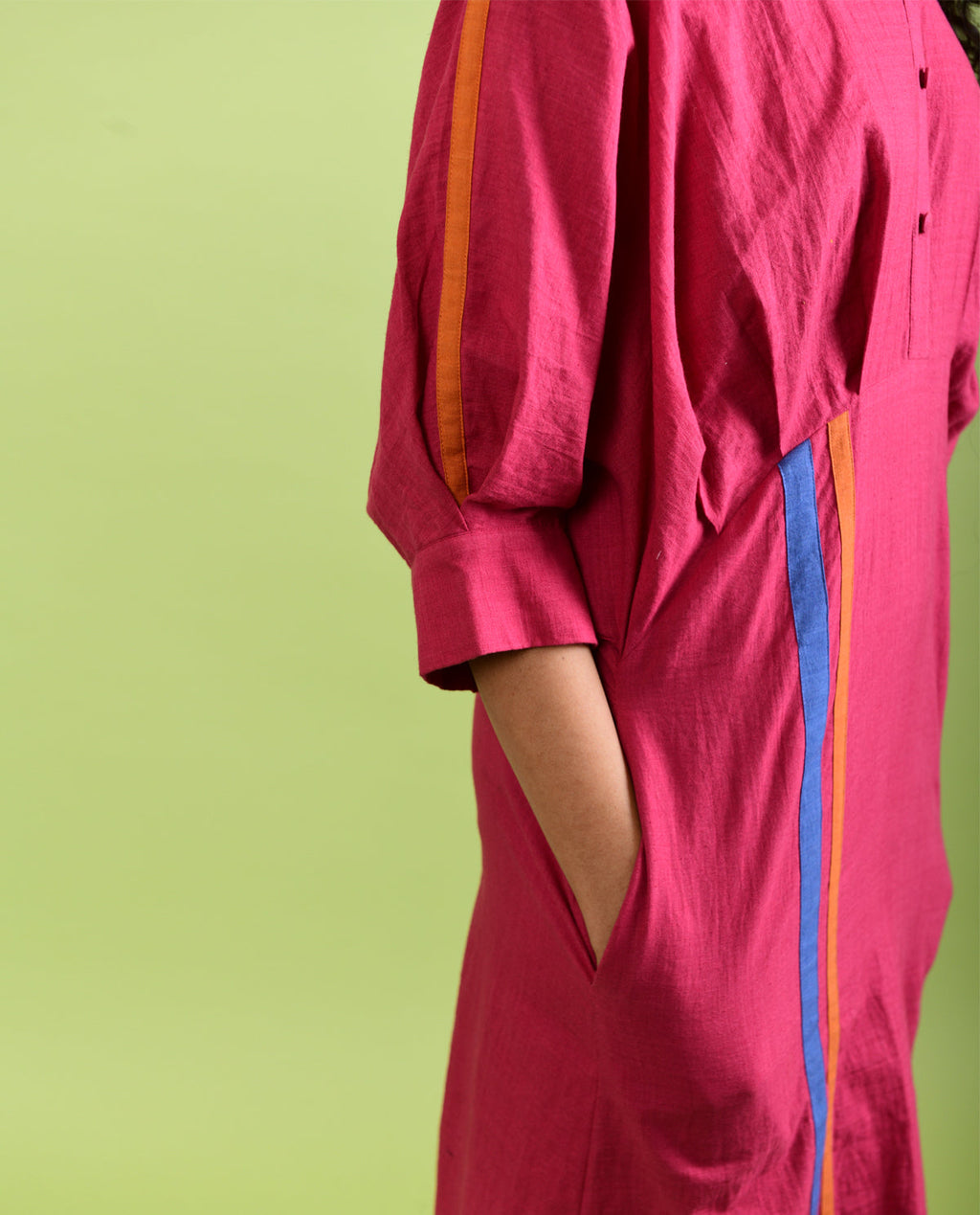 Viva Magenta Midi Dress at Kamakhyaa by Rias Jaipur. This item is Best Selling, Casual Wear, Handloom Cotton, Handspun, Handwoven, Hue, Midi Dresses, Pink, Regular Fit, Shirt Dresses, Solids, Stripes, Womenswear