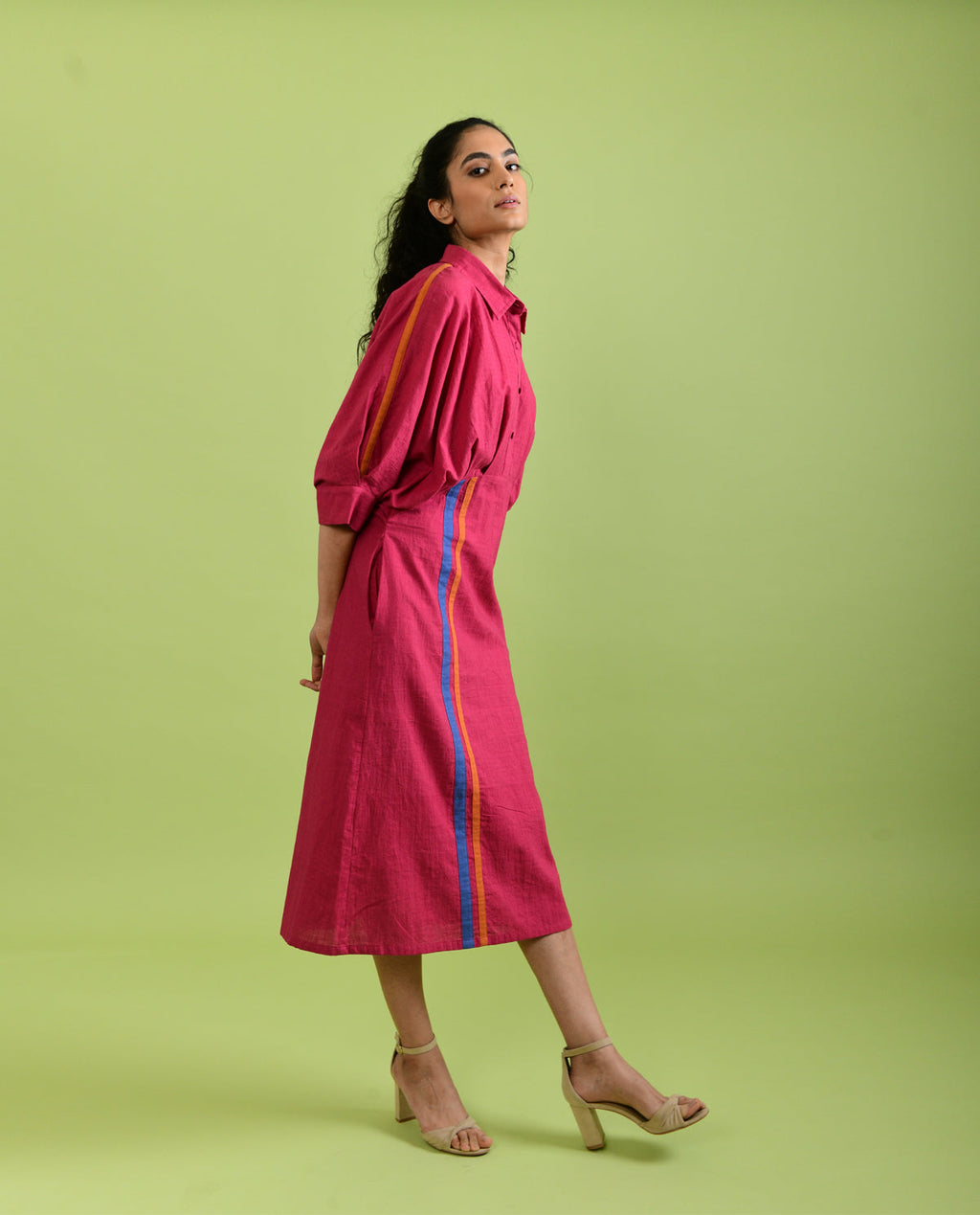 Viva Magenta Midi Dress at Kamakhyaa by Rias Jaipur. This item is Best Selling, Casual Wear, Handloom Cotton, Handspun, Handwoven, Hue, Midi Dresses, Pink, Regular Fit, Shirt Dresses, Solids, Stripes, Womenswear