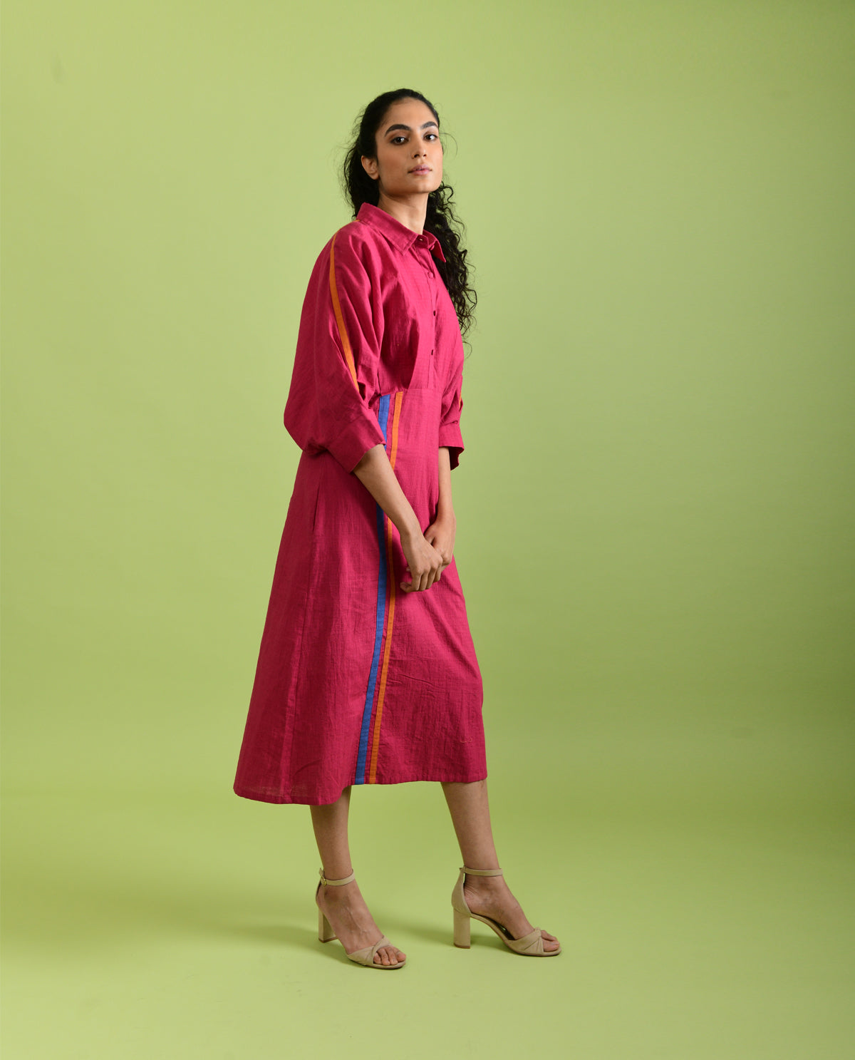 Viva Magenta Midi Dress at Kamakhyaa by Rias Jaipur. This item is Best Selling, Casual Wear, Handloom Cotton, Handspun, Handwoven, Hue, Midi Dresses, Pink, Regular Fit, Shirt Dresses, Solids, Stripes, Womenswear